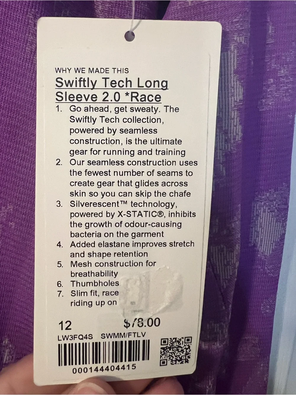 #382 Lululemon Swiftly Tech Long Sleeve 2.0 Race Purple Jacquard Size 12 NWT